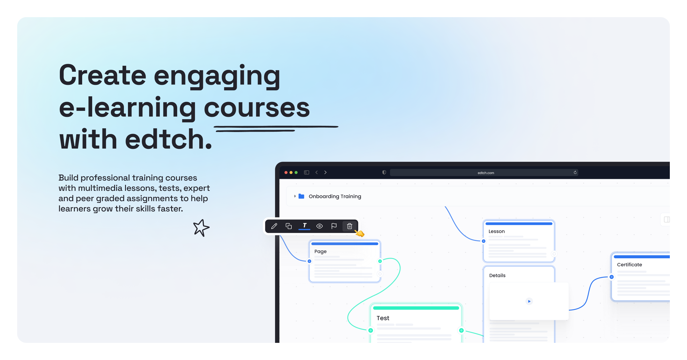 Authoring Tool: Build professional training courses with multimedia lessons, tests, expert and peer graded assignments to help learners grow their skills faster.
