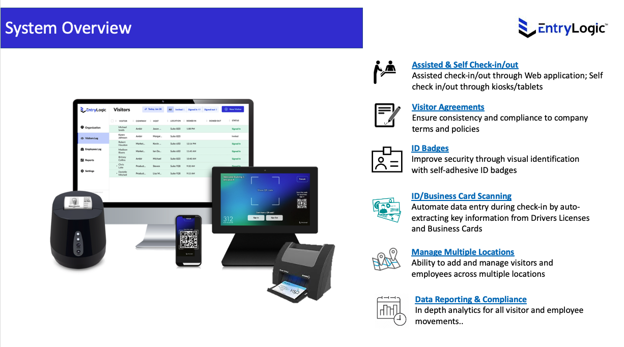 EntryLogic is a complete visitor management solution that helps businesses streamline visitor tracking, check-in/out, and front desk operations. Available hardware is designed to work seamlessly and deliver the highest-level of performance.