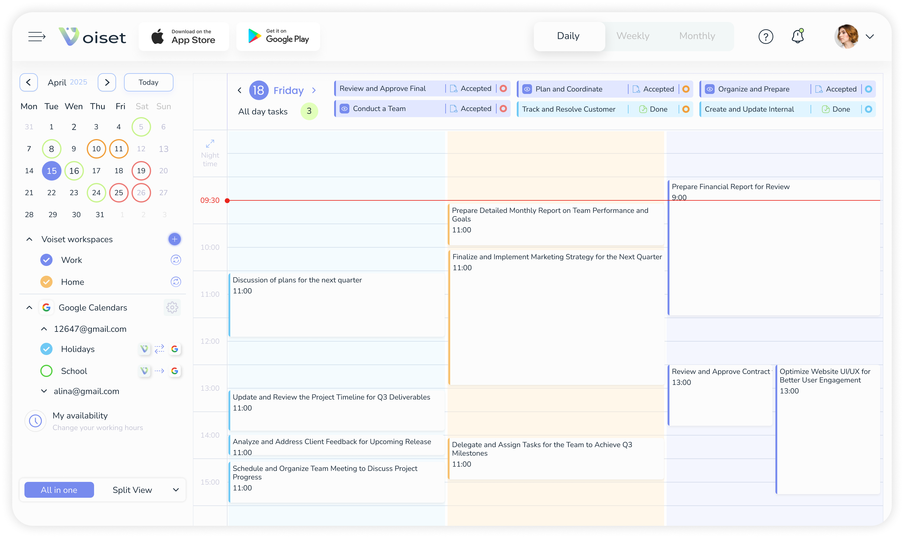 Voiset screenshot: A convenient and clear overview of all projects and calendars combined into one master calendar with a daily view.