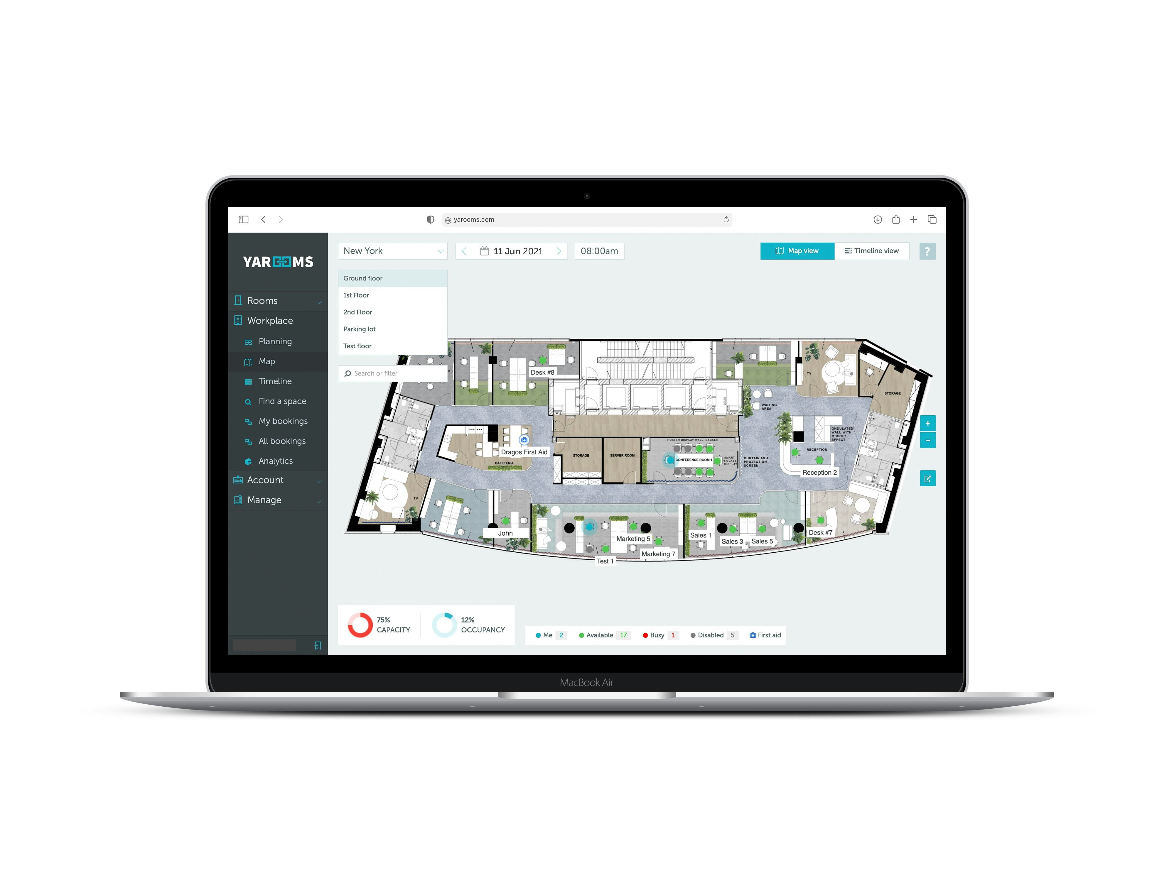 YAROOMS Software - Interactive floor map with advanced search functionality. Visually navigate your office for real-time occupancy and availability overview. Look up desks, desk features, or even your colleagues. Instantly locate your search results in the office.