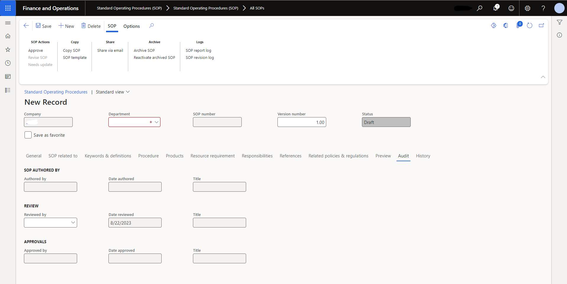 Integrated SOP Management (SOP) Software - iSM - SOPs in D365 - Create a New Record