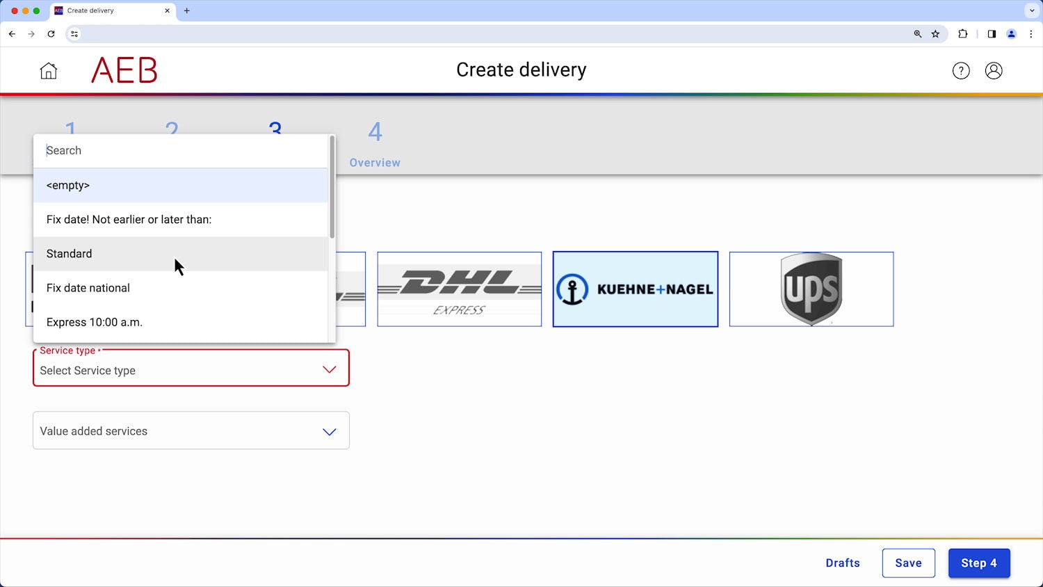 AEB Transportation Management System Software - Creating shipments manually (outbound)
Use an app to manually enter shipments, including items, and select the carrier.