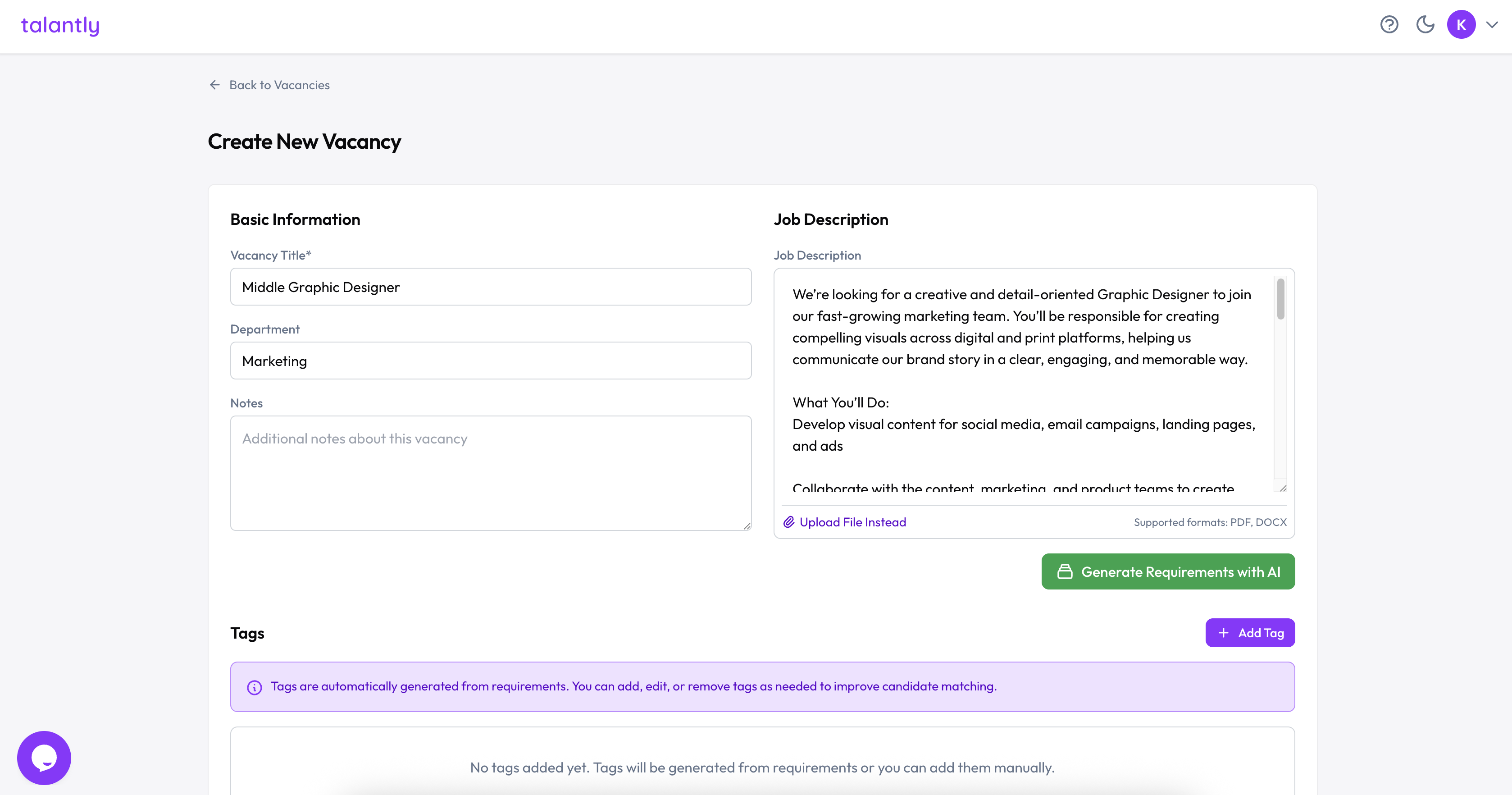 Talantly.ai screenshot: Talantly.ai vacancy creation 