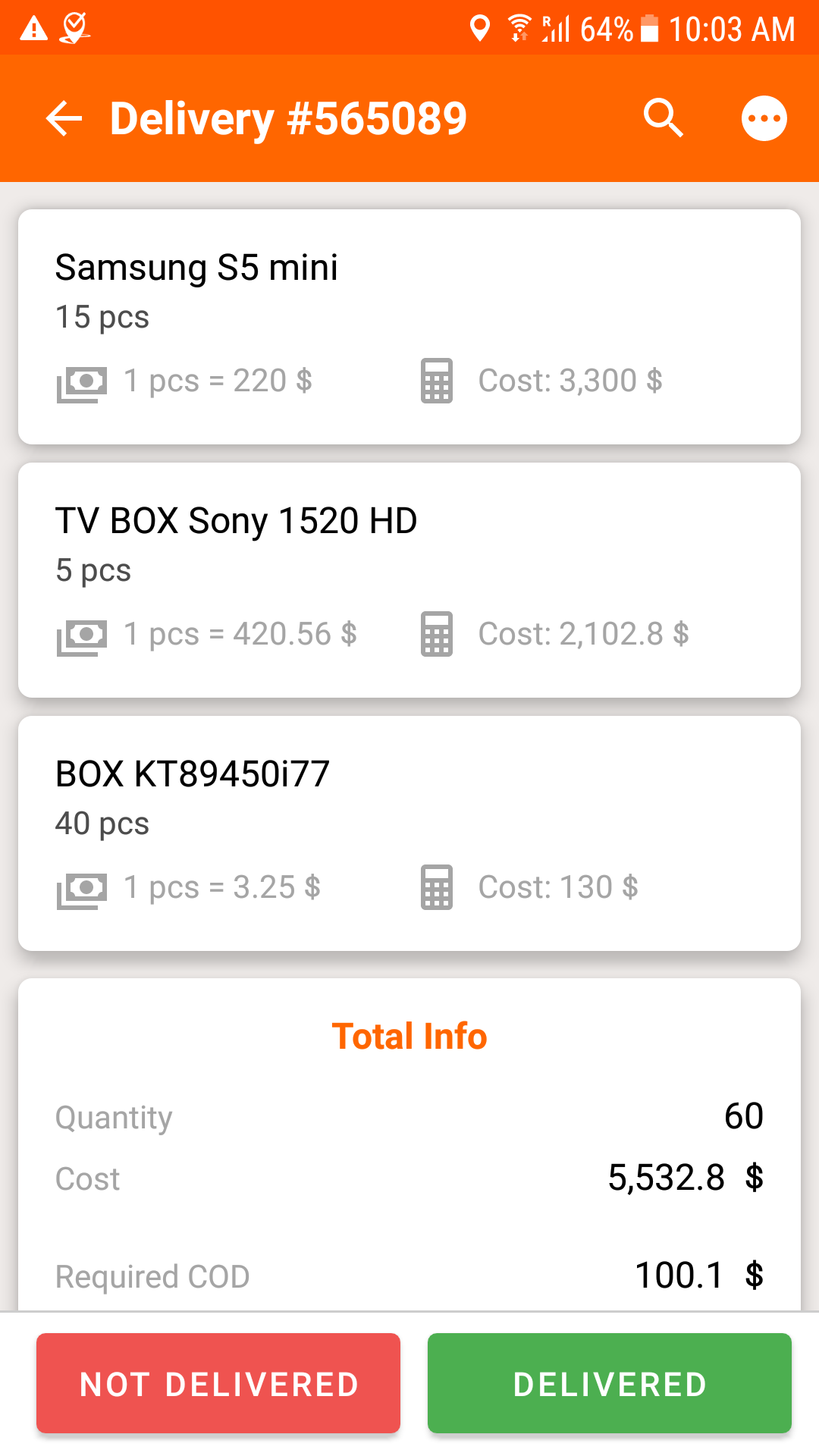 Delivery app displays item details