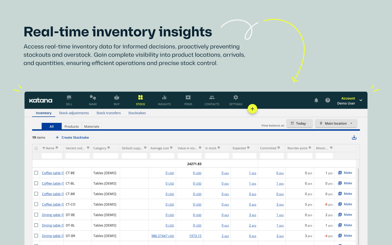 Katana Cloud Inventory Software - Access real-time inventory data for informed decisions, proactively preventing stockouts and overstock. Gain complete visibility into product locations, arrivals, and quantities, ensuring efficient operations and precise stock control.