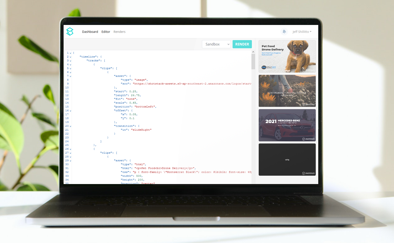 Shotstack screenshot: JSON vicdeo editor interface