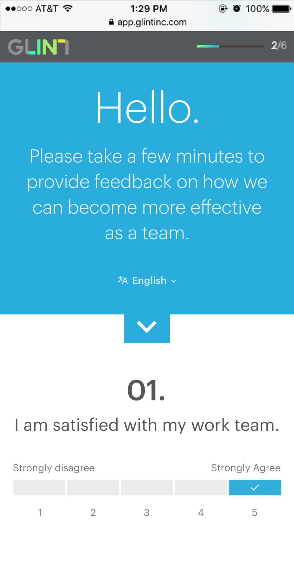 Glint Software - And example of Glint's Team Effectiveness pulse survey sent to an employee and optimized for answering across mobile devices