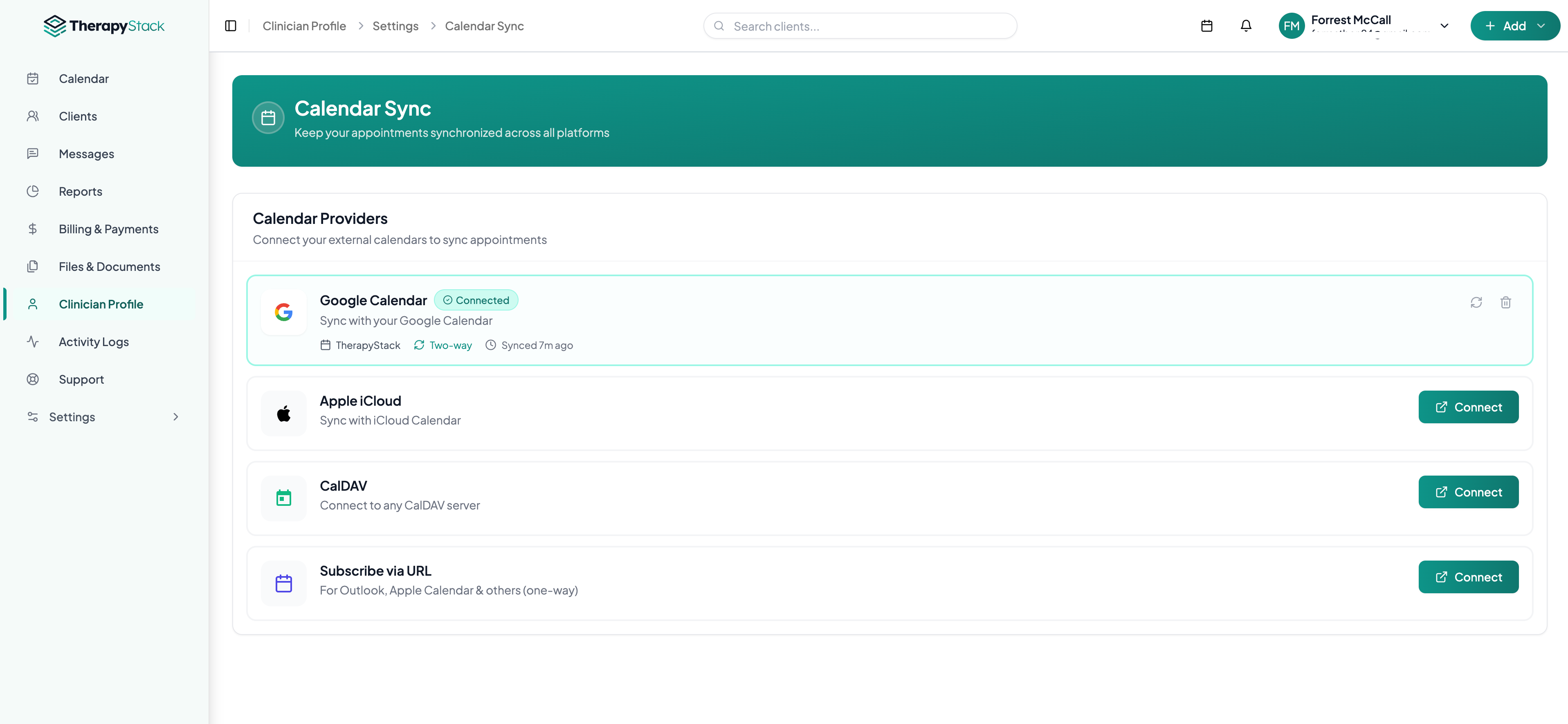 TherapyStack screenshot: TherapyStack calendar sync