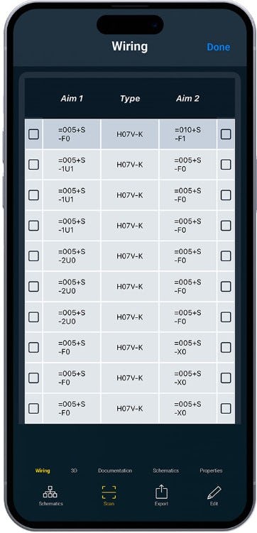 WSCAD ELECTRIX Software - Cabinet AR app - You can also access the wiring list which shows the connection information between the components. You can also "check off" the connections which you have just wired on site in the control cabinet and also use it as a wiring checklist.