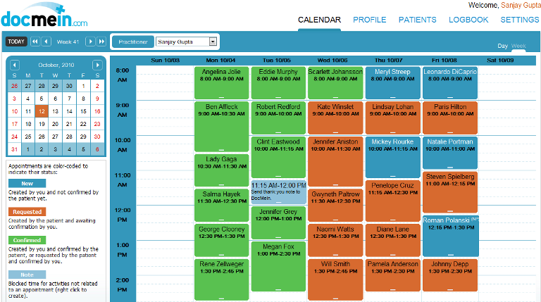 DocMeIn screenshot: Color-code appointments in DocMeIn to indicate appointment status and daily bookings