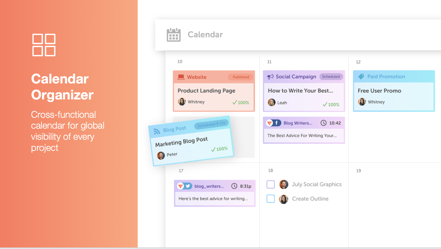 CoSchedule Marketing Suite Software - Visualize your entire marketing strategy in real-time. With Calendar Organizer, you'll see every project & campaign in a single calendar. Plan, create, & publish content from your calendar. Give execs live updates of your work. And more!