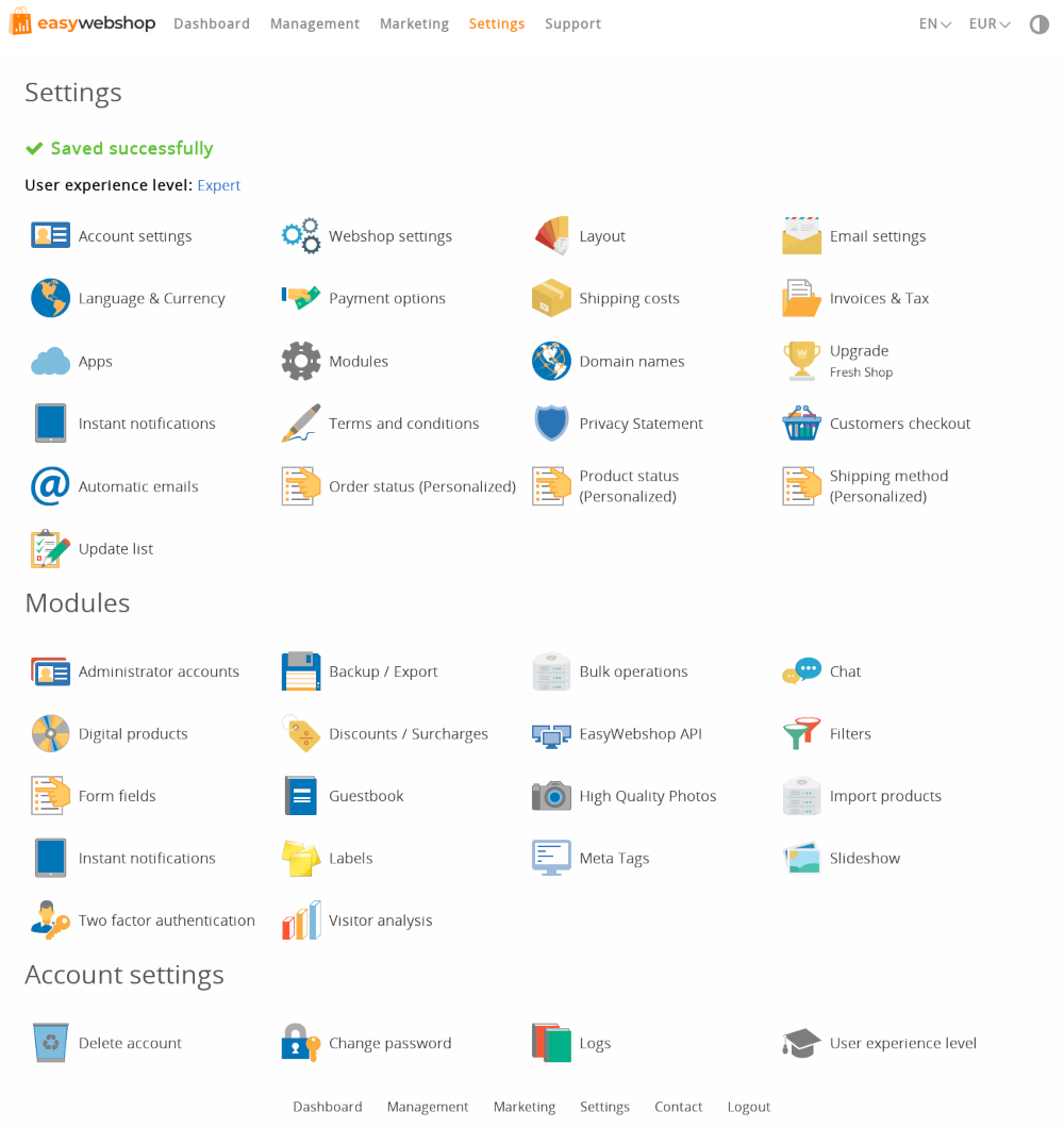 EasyWebshop screenshot: Online store settings