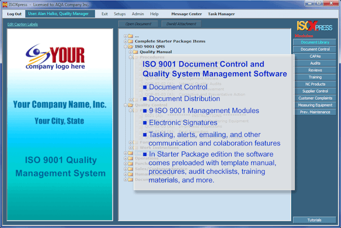 IMSXpress ISO 9001 Quality Management screenshot: IMSXpress ISO 9001 modules include audits, reviews, training, customer complaints, CAPAs and more.