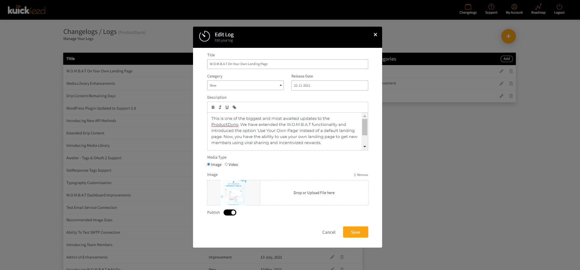 KuickFeed screenshot: KuickFeed edit logs