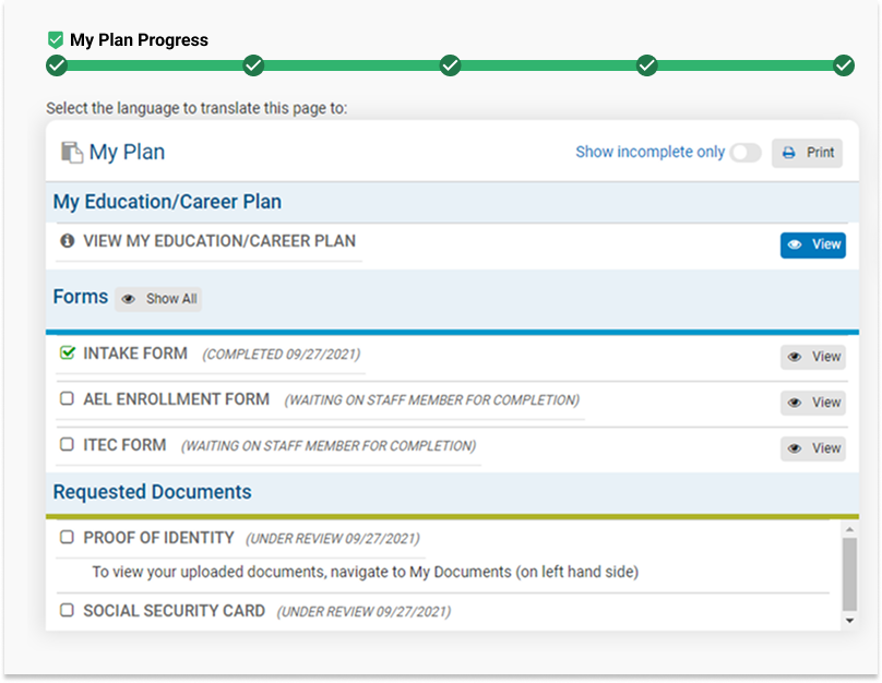myOneFlow screenshot: With myOneFlow’s rules-based engine, participants are supported at every stage of their process. The platform offers a clear roadmap with step-by-step guidance, including forms, milestones, and recommended services tailored to each individual's goals.