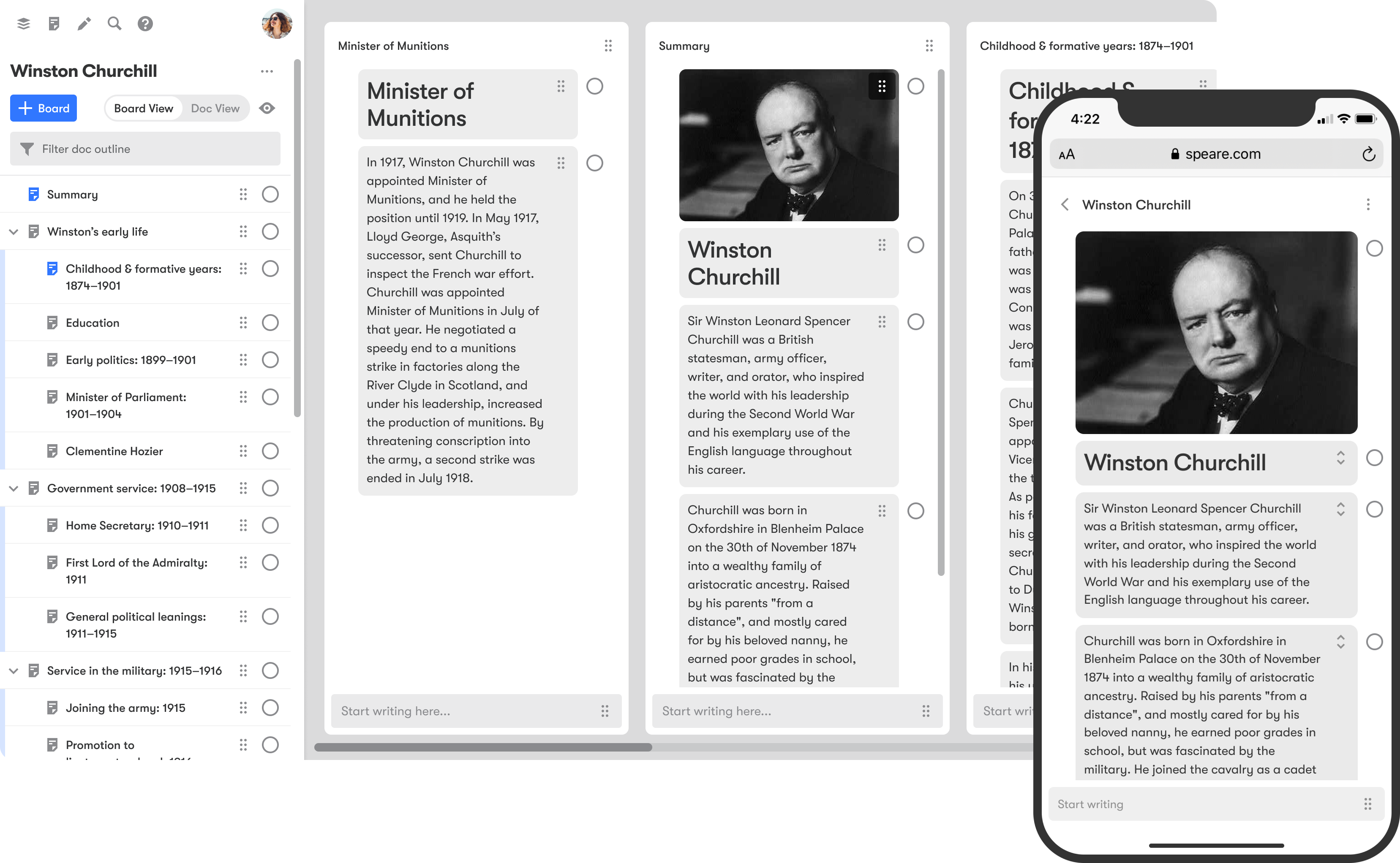 Speare screenshot: Toggle to Side-by-side Board view for developing ideas and stitching them together to build content.