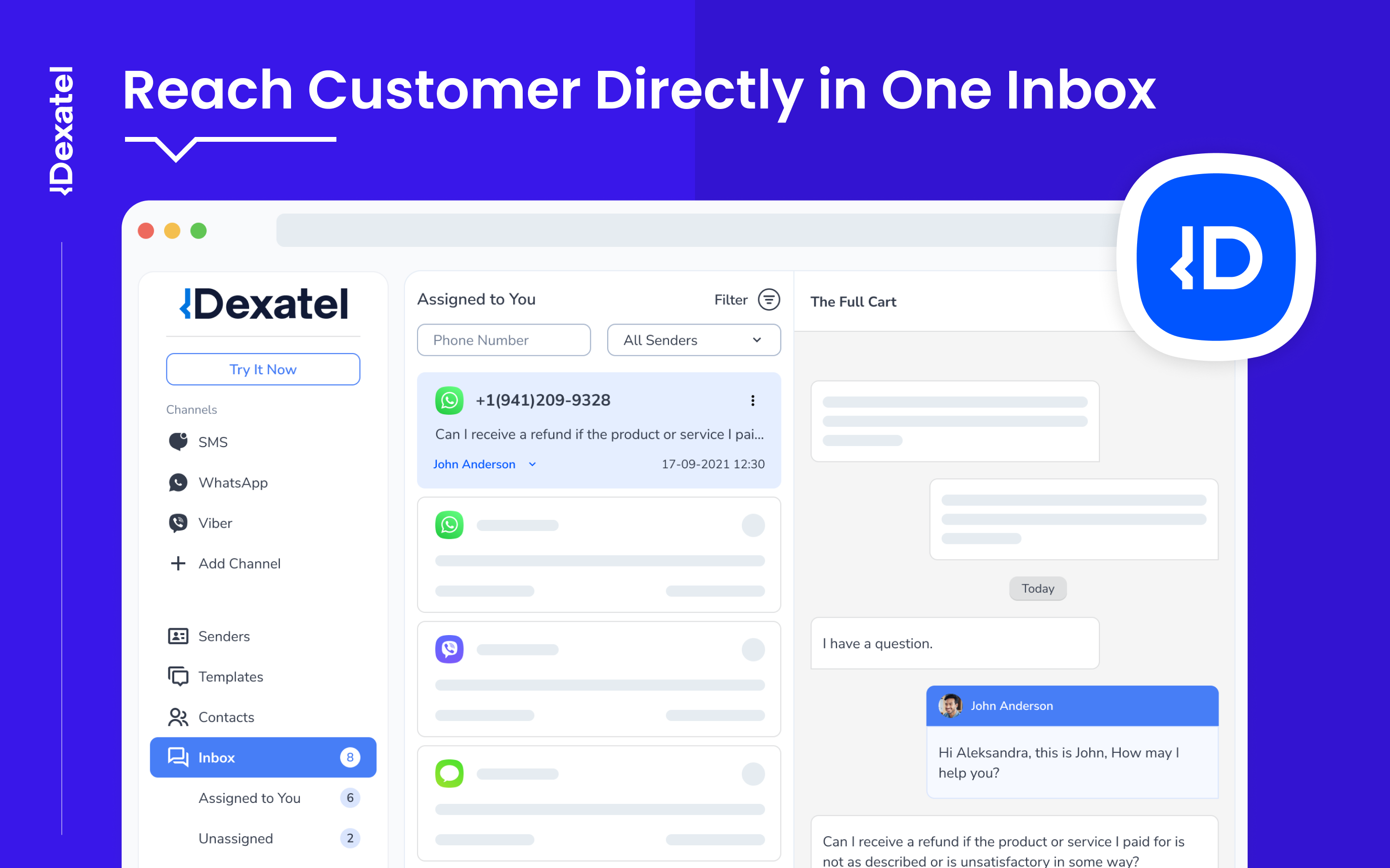Dexatel screenshot: Manage SMS, WhatsApp, and Viber chats in one unified inbox to streamline customer communication with Dexatel.