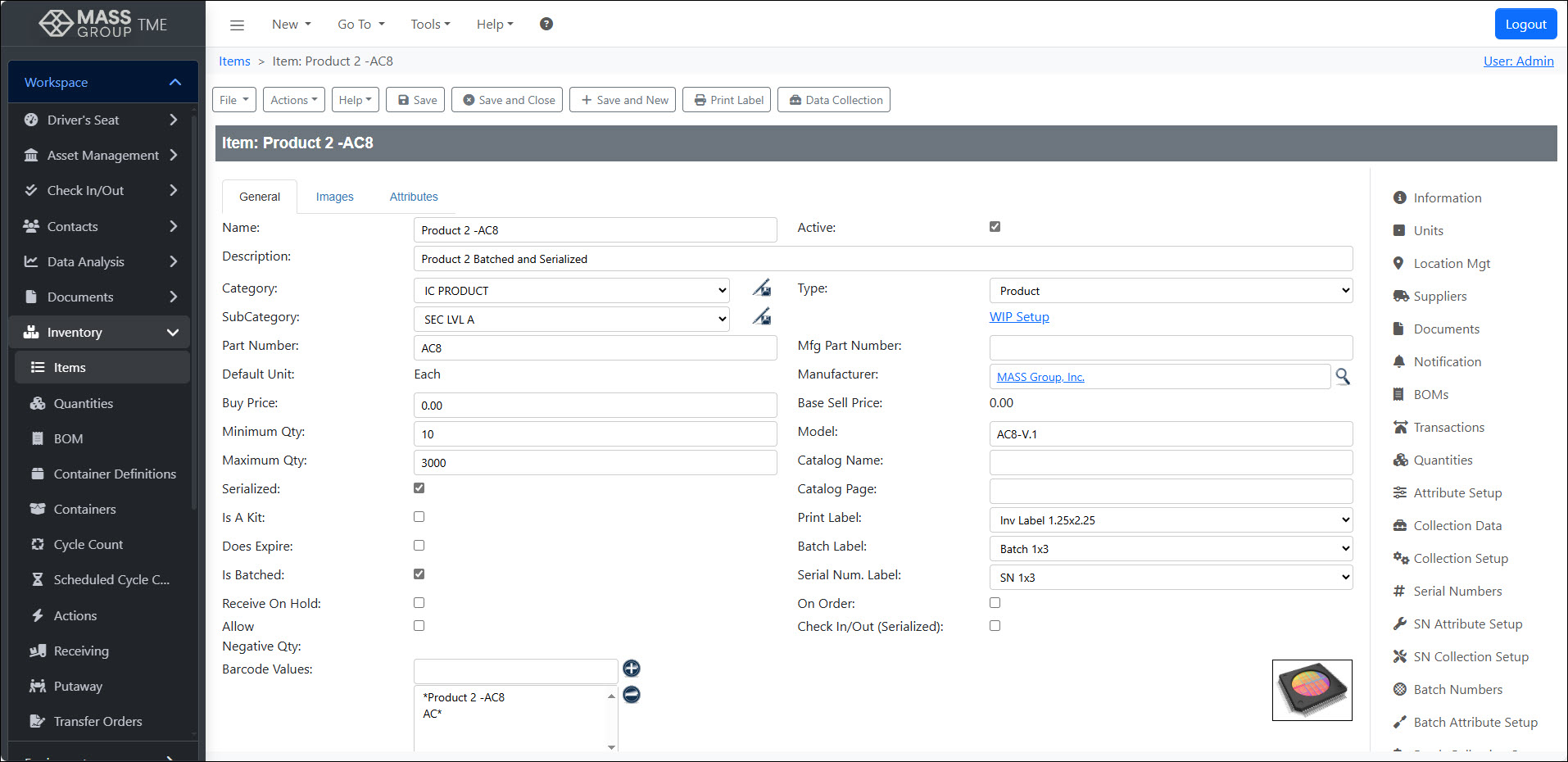 TME MES screenshot: Product Detail Screen