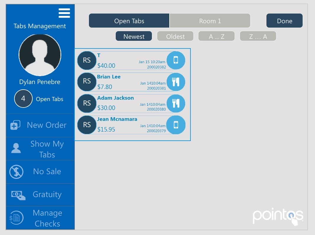 PointOS Software - The Tabs dashboard for restaurants allows users to check room availability, check on tabs, table times, current spend and more.