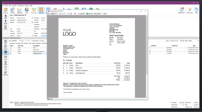 Clarity Software invoice screenshot