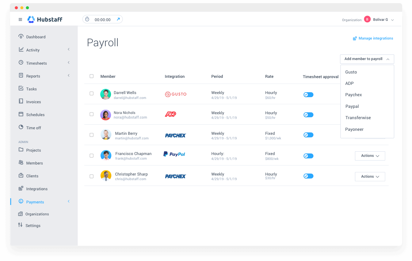 Hubstaff Software - Hubstaff payroll management screenshot