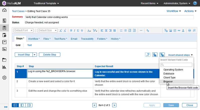 Insert test variant field codes in test case fields and steps