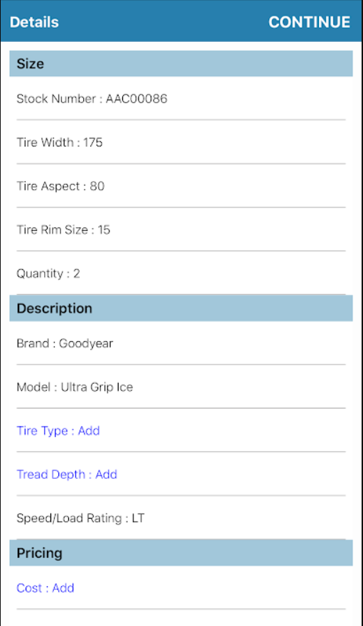 Tire Inventory Solutions Software - Input details