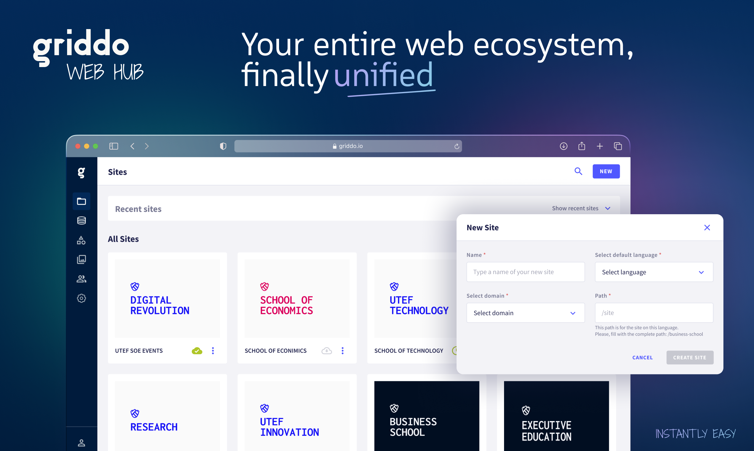 Griddo screenshot: Griddo is a Digital Experience Platform created for Universities. All the web ecosystem centralized, managed with one simple no-code interface every member of the Digital Marketing and Communication department will love.