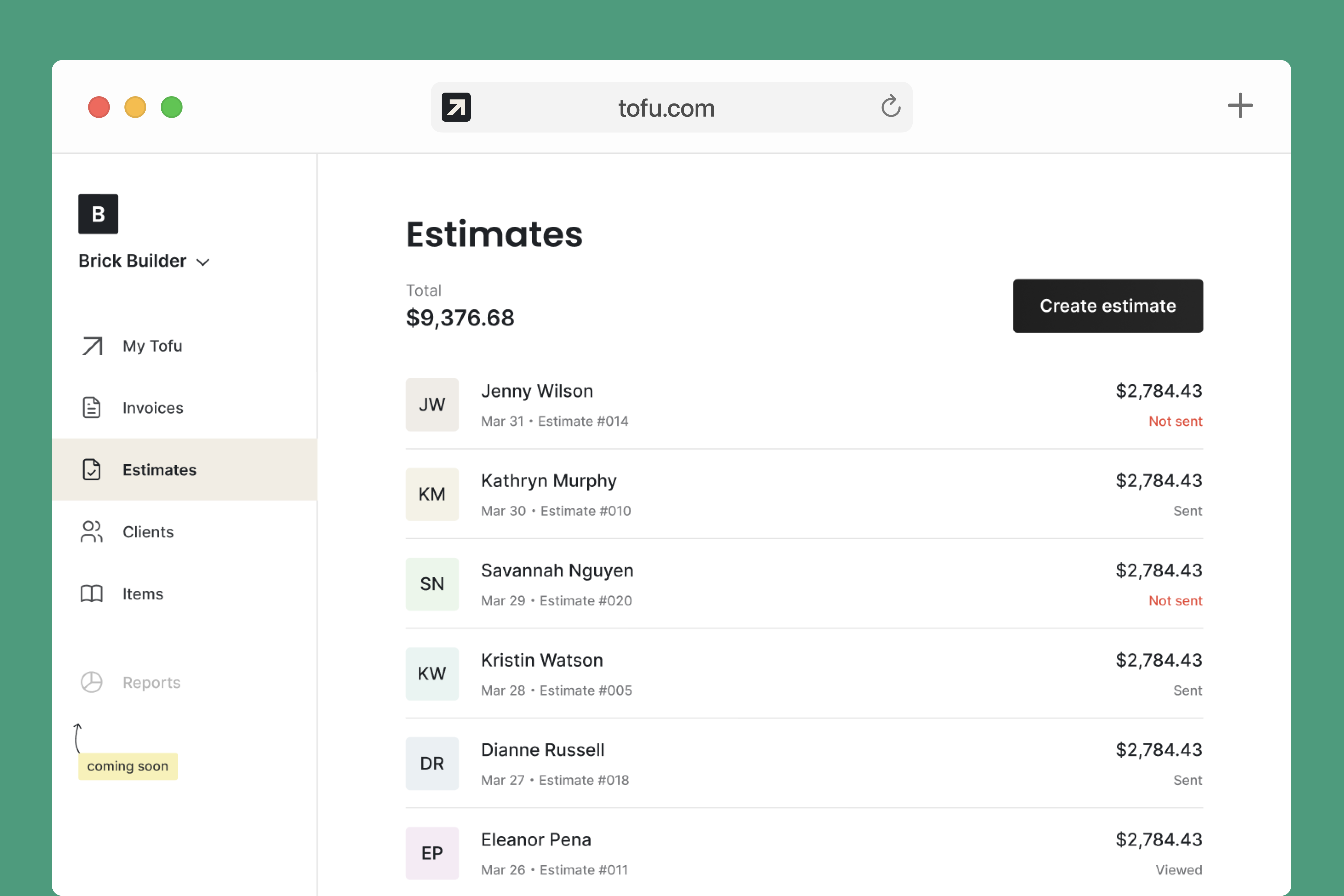 Tofu Software - Tofu estimates view
