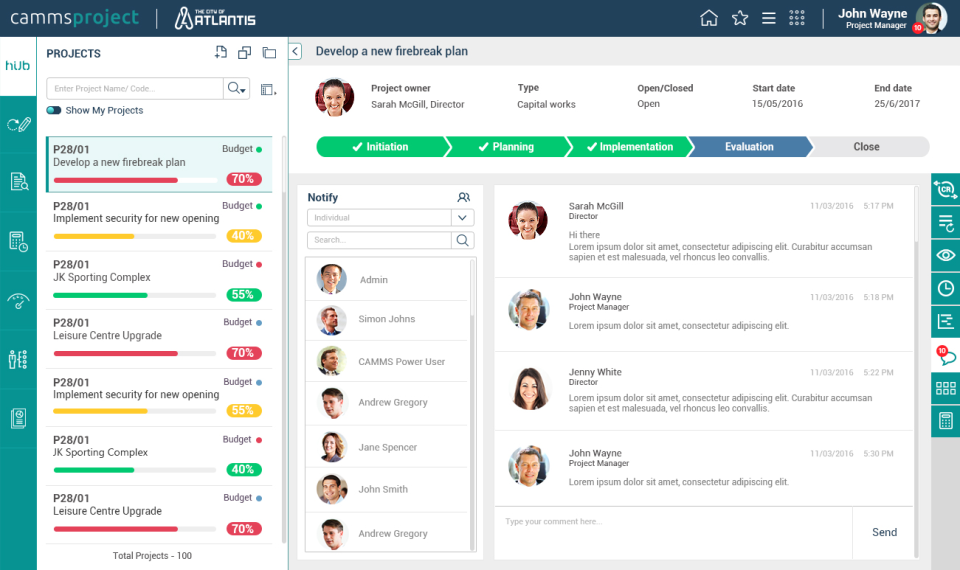Camms.Project Software - Collaboration tools include the ability for team members to send notifications and conduct archived chat conversations on project matters