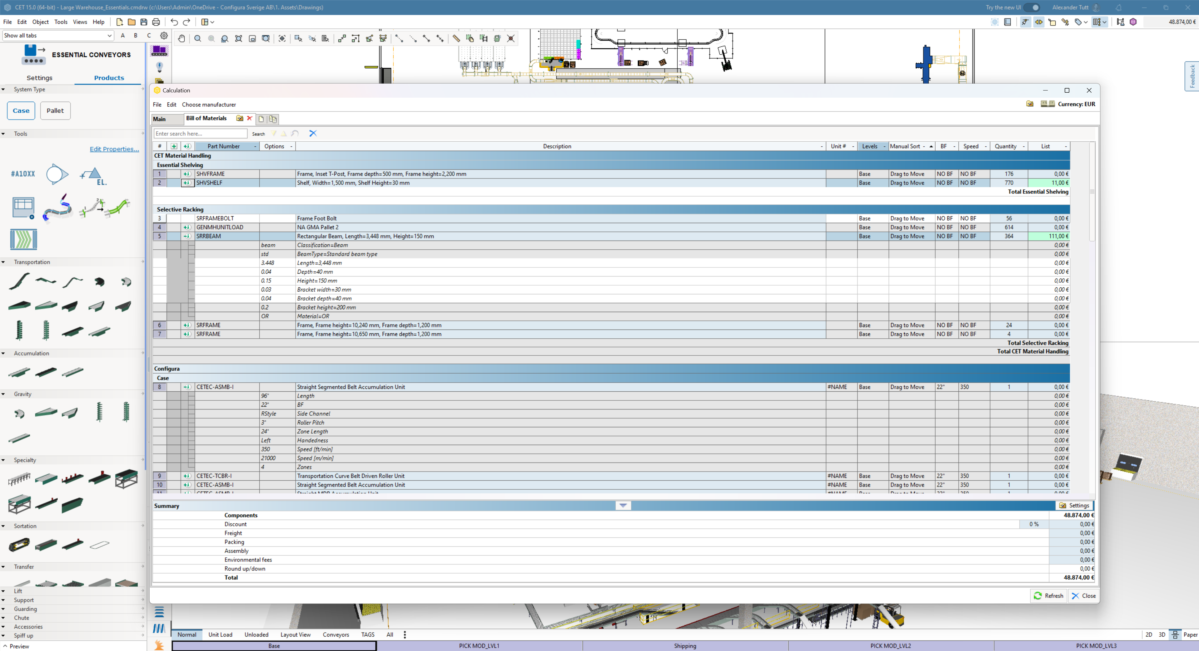 CET Material Handling Software - CET Material Handling automatically generates your Bill of Materials (BOM) in real-time as you design, ensuring accuracy and eliminating manual entry.