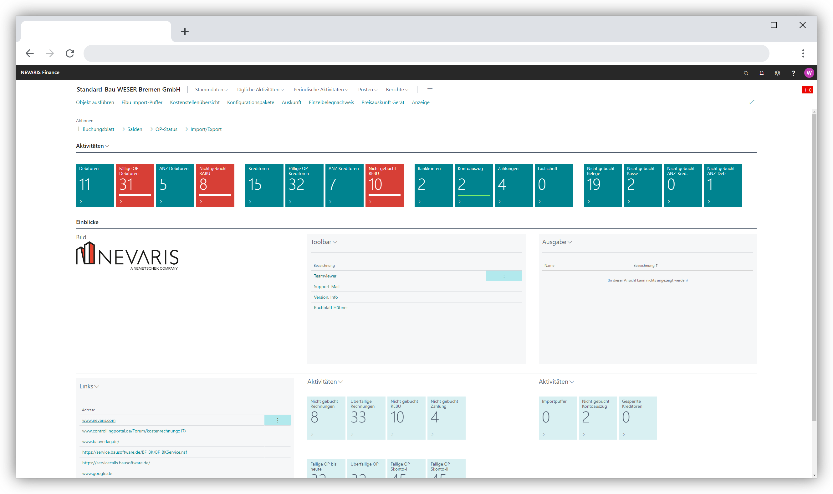 NEVARIS Finance screenshot: NEVARIS Finance ist ein vollständig integriertes ERP System. Hier ein Blick ins Rollencenter Buchhaltung. Es werden die Besonderheiten der Baubranche, wie Anzahlungen, Bürgschaften, Nachunternehmer und weitere berücksichtigt.