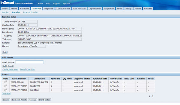 AssetWorks EAM Software - AssetWorks AMS users can enter detailed asset transfer information and view asset numbers and descriptions.