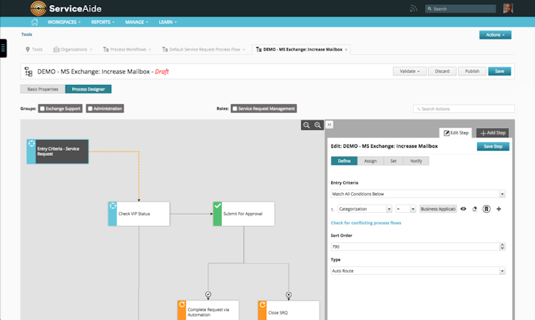 Intelligent Service Management screenshot: Create and modify processes using the visual drag-and drop workflow editor
