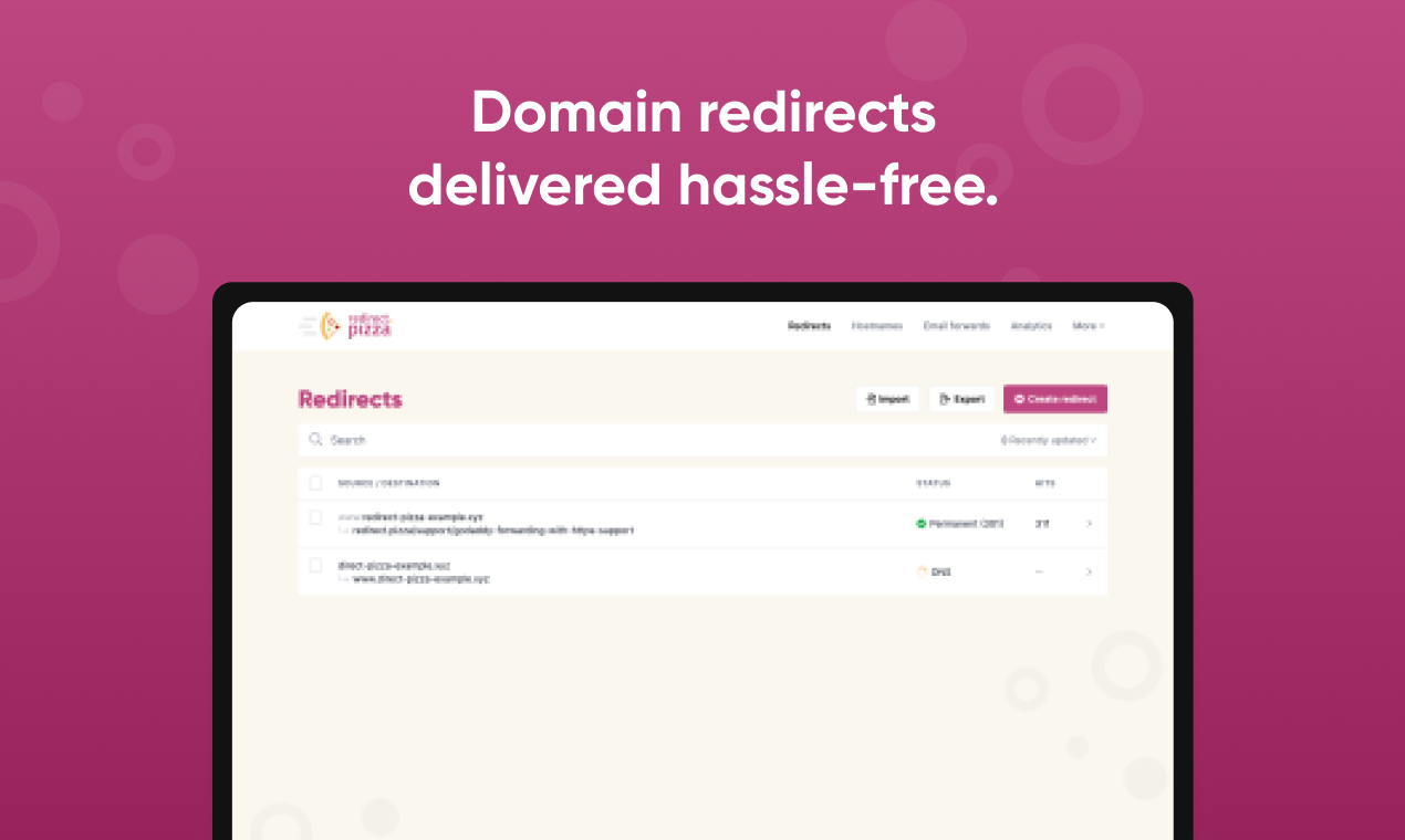 redirect.pizza screenshot: Domain redirects delivered hassle-free.