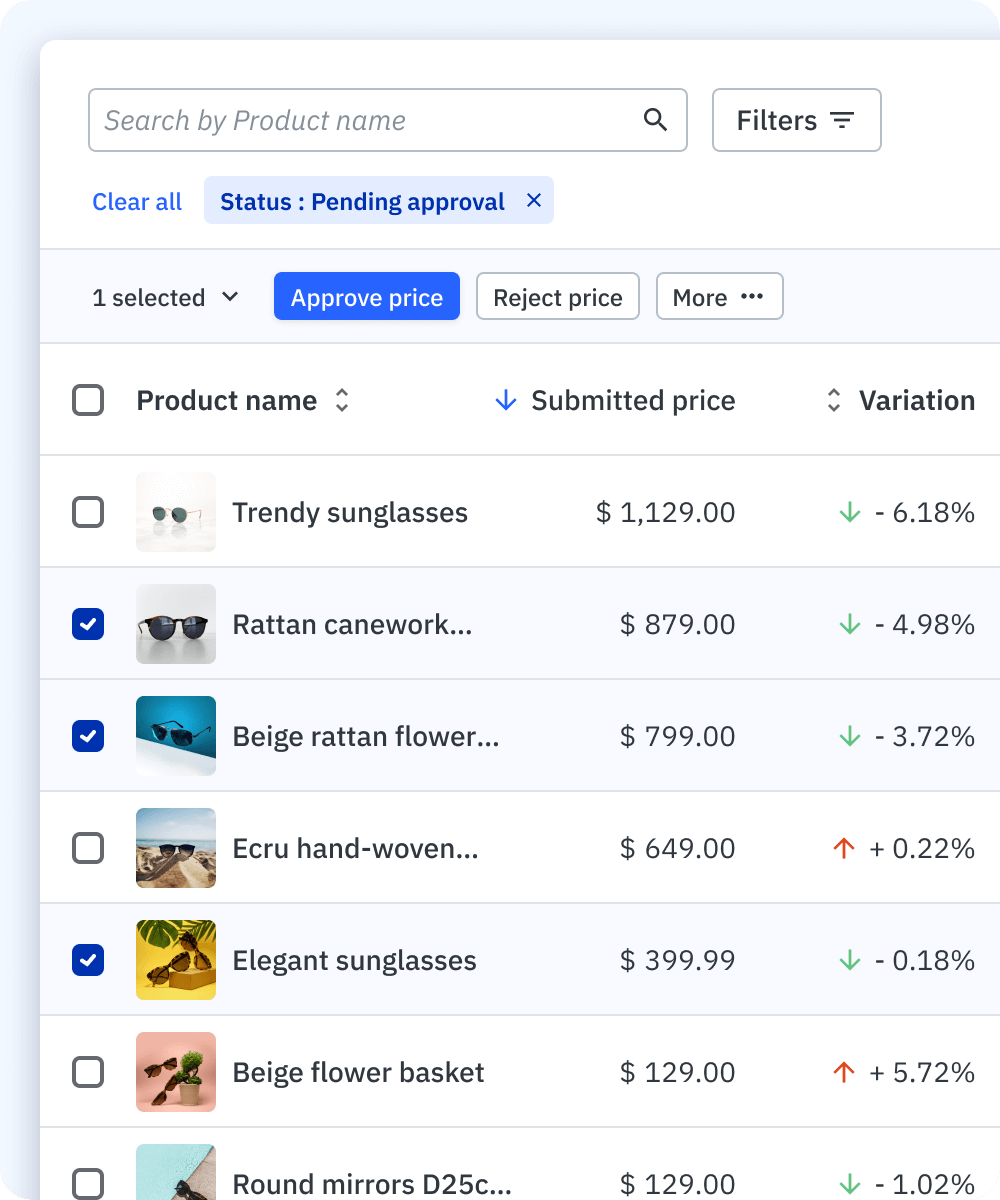 Mirakl screenshot: Mirakl pending price approvals