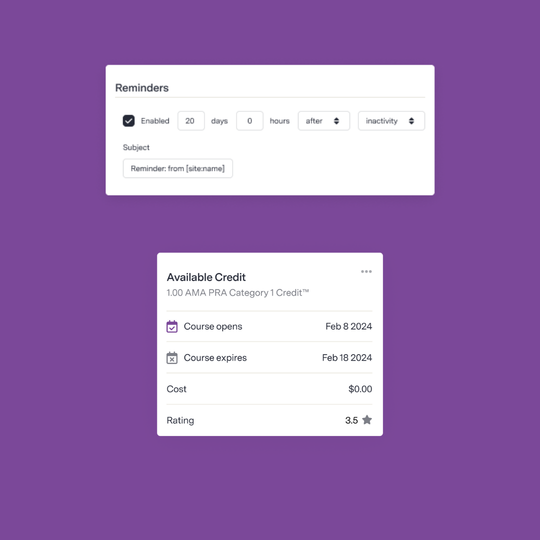 EthosCE LMS screenshot: Course Management 
Create online courses that keep learners returning with robust e-commerce capabilities that allow you to set pricing by member type, add discounts, and offer subscription packages.