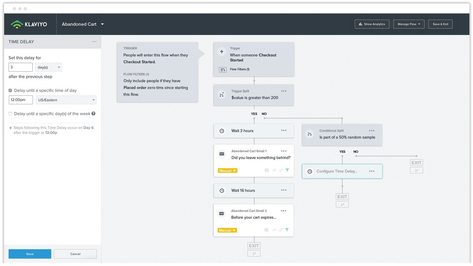 Klaviyo Software - Klaviyo Visual Flow Builder—Deliver more relevant abandoned cart email automation with comprehensive customer purchase history and advanced logic
