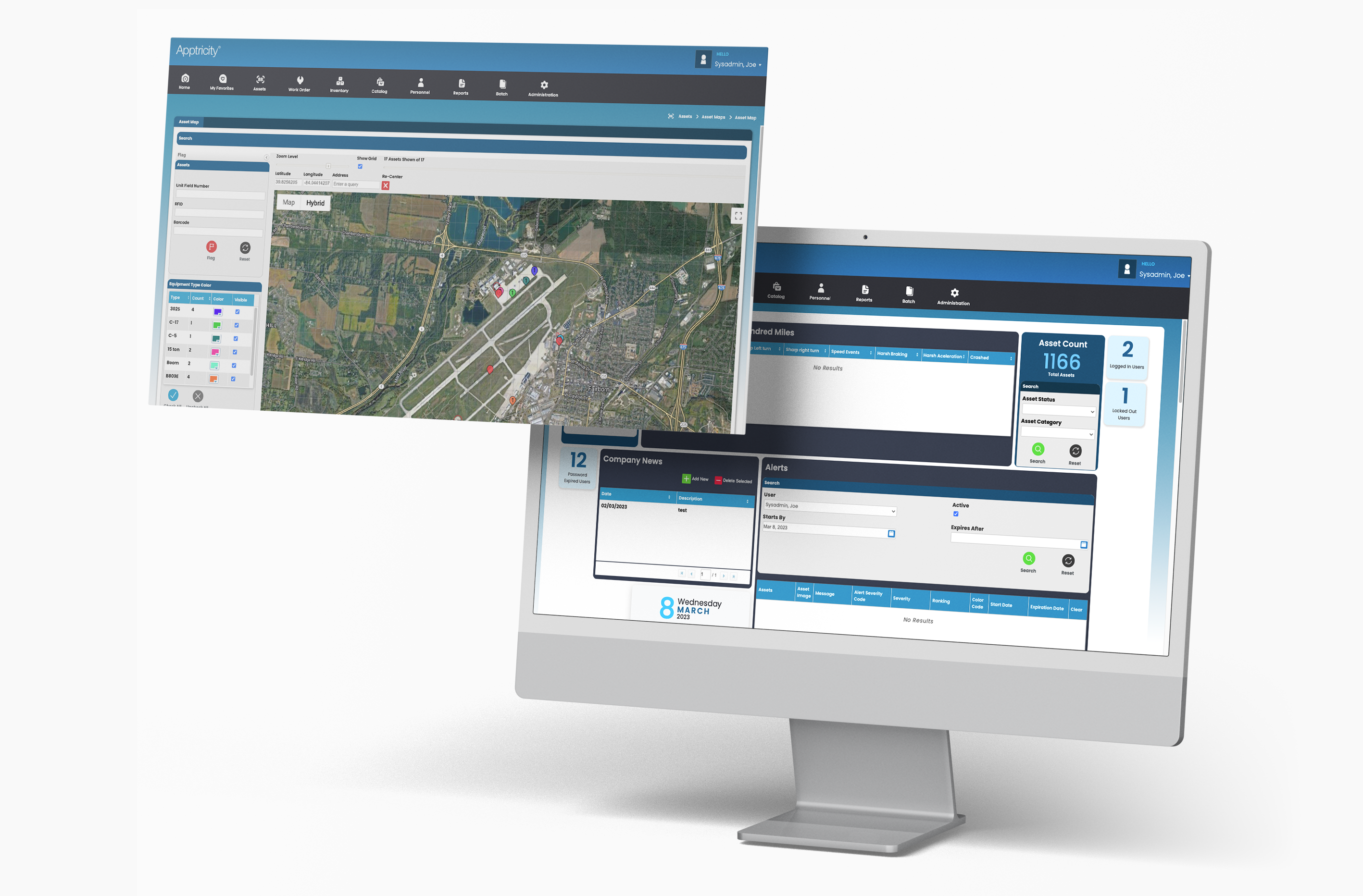 Apptricity Supply Chain Execution screenshot: Apptricity Asset and Inventory Management Software featuring the dashboard and the asset map functionality, pinpointing assets and inventory across the globe at a glance