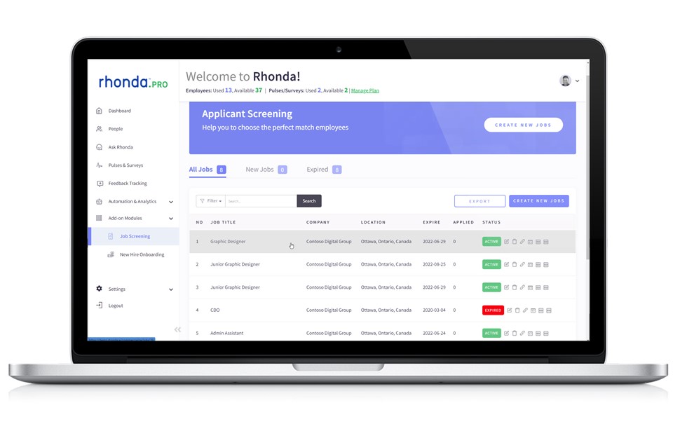 Rhonda automates job screening making it painless to automatically screen through thousands of candidates to help you find the best talent for your open position!