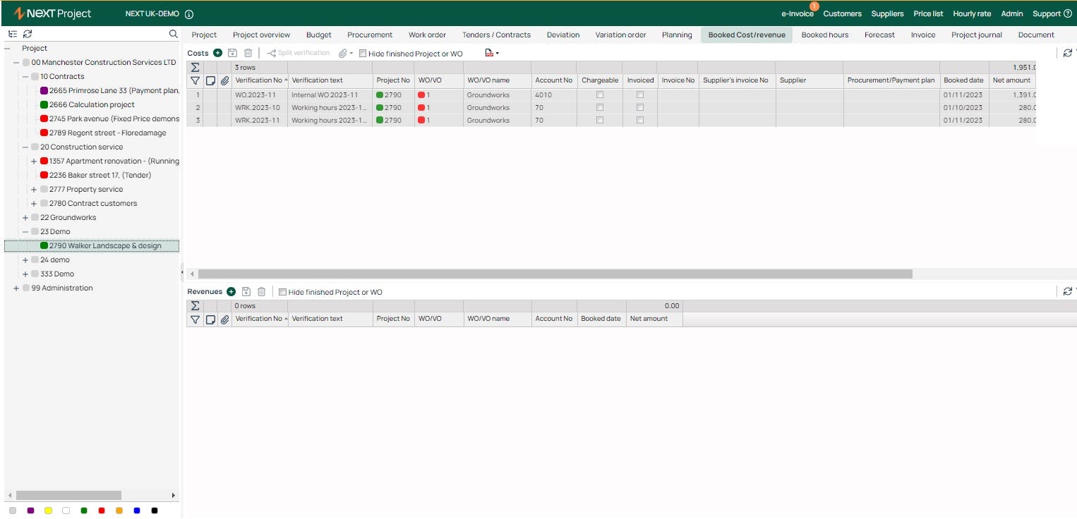 Next One Technology Software - View booked cost & revenue for each project