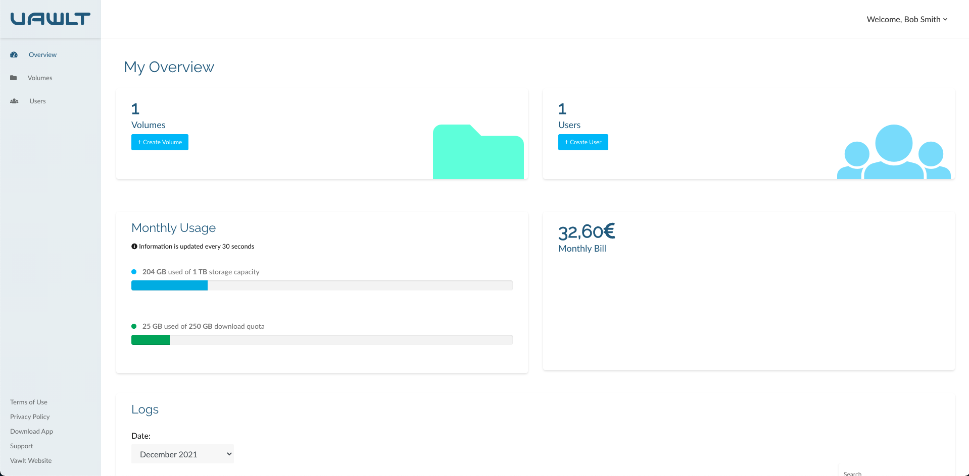 Vawlt screenshot: Vawlt Dynamic Storage Platform - Overview