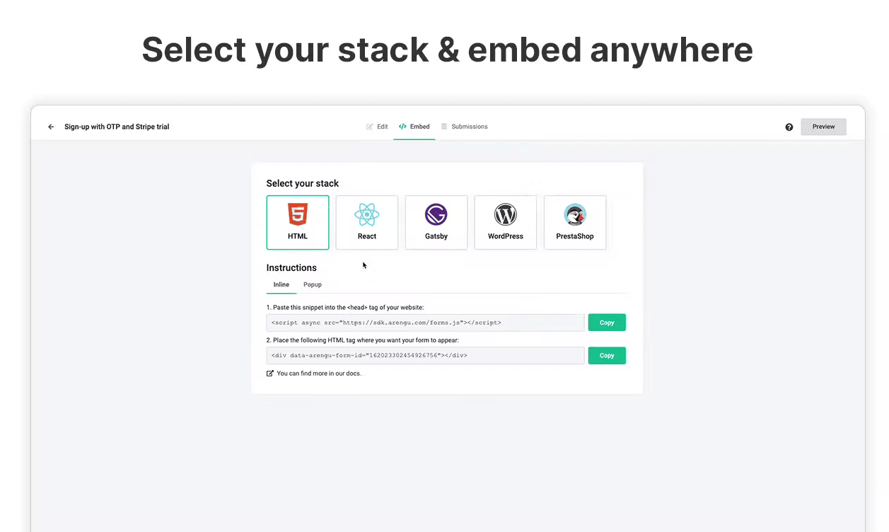 Select your stack and embed anywhere