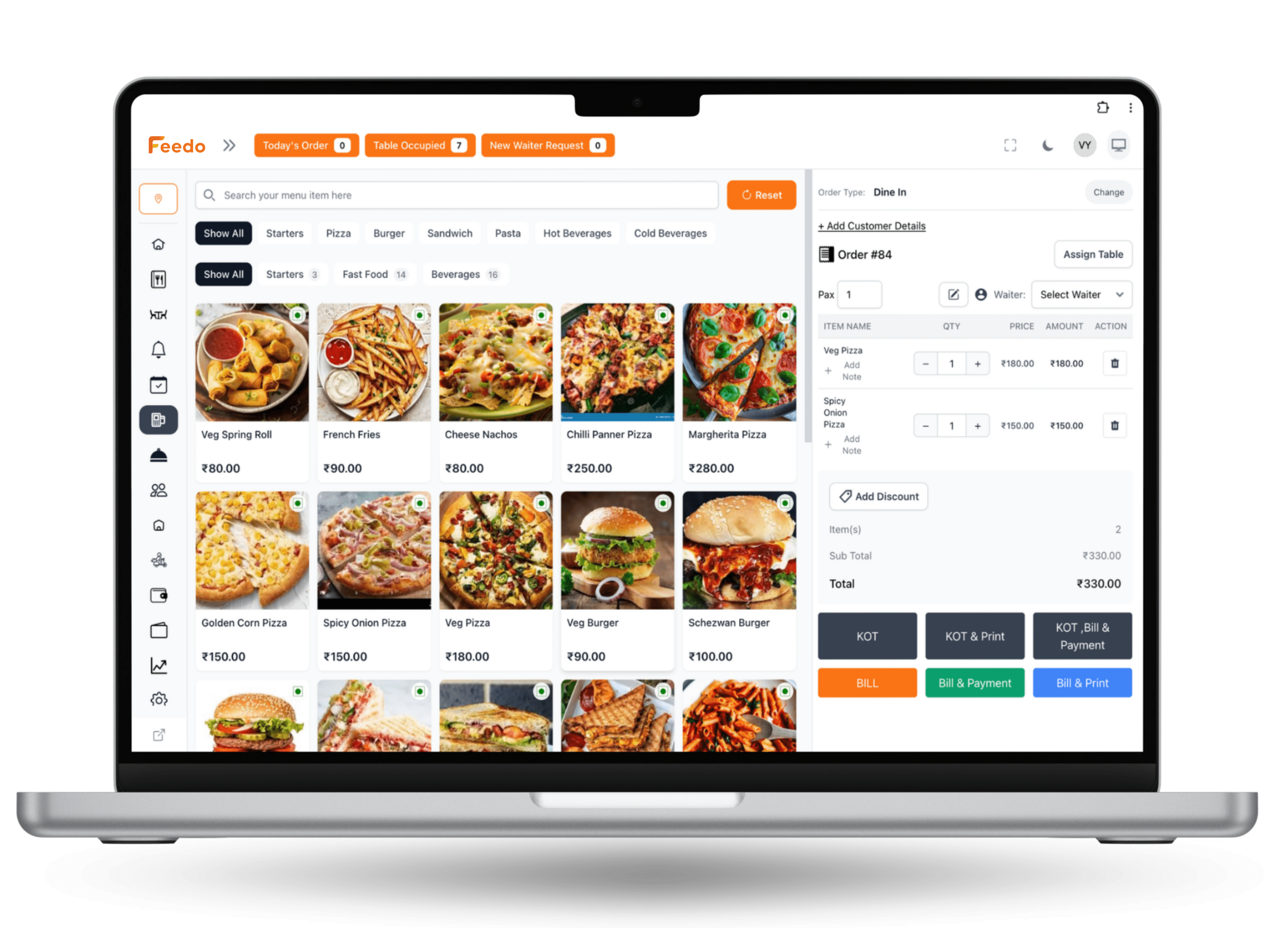 Feedo screenshot: Feedo POS dashboard showing menu selection and order management