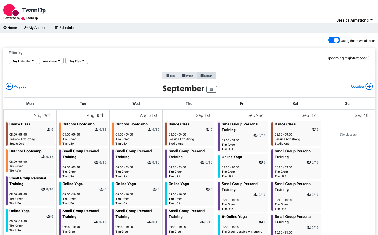 Organise your classes and events in a clear, visual calendar.