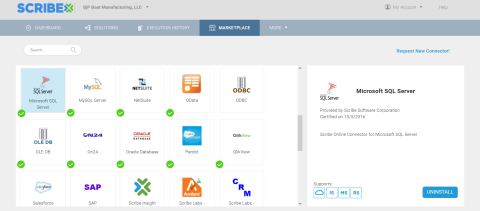 Select from dozens of pre-built connectors for applications and technologies from the Scribe online marketplace