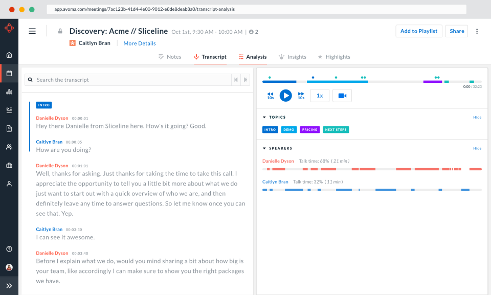 Avoma screenshot: Avoma analysis