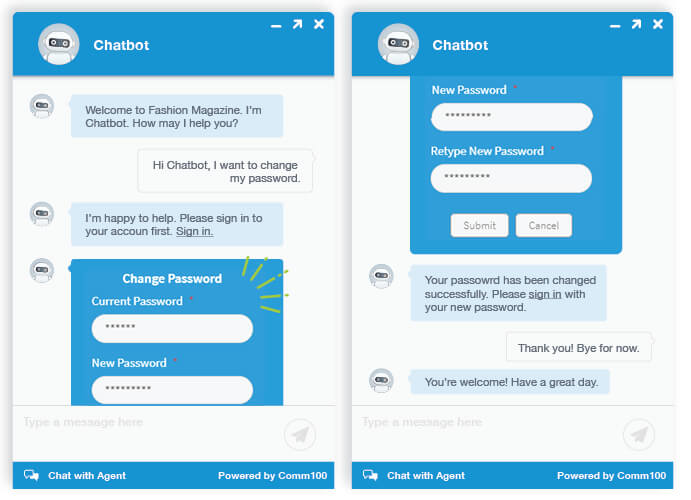 Comm100 Chatbot user request action screenshot