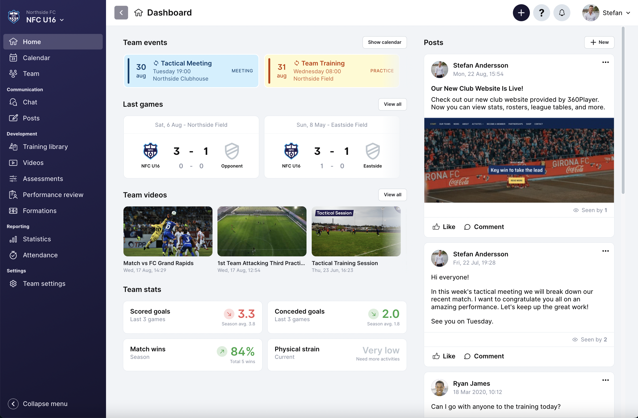 Dashboard view on desktop showing an overview of a team's calendar, wall, recent matches, videos, stats, and more.