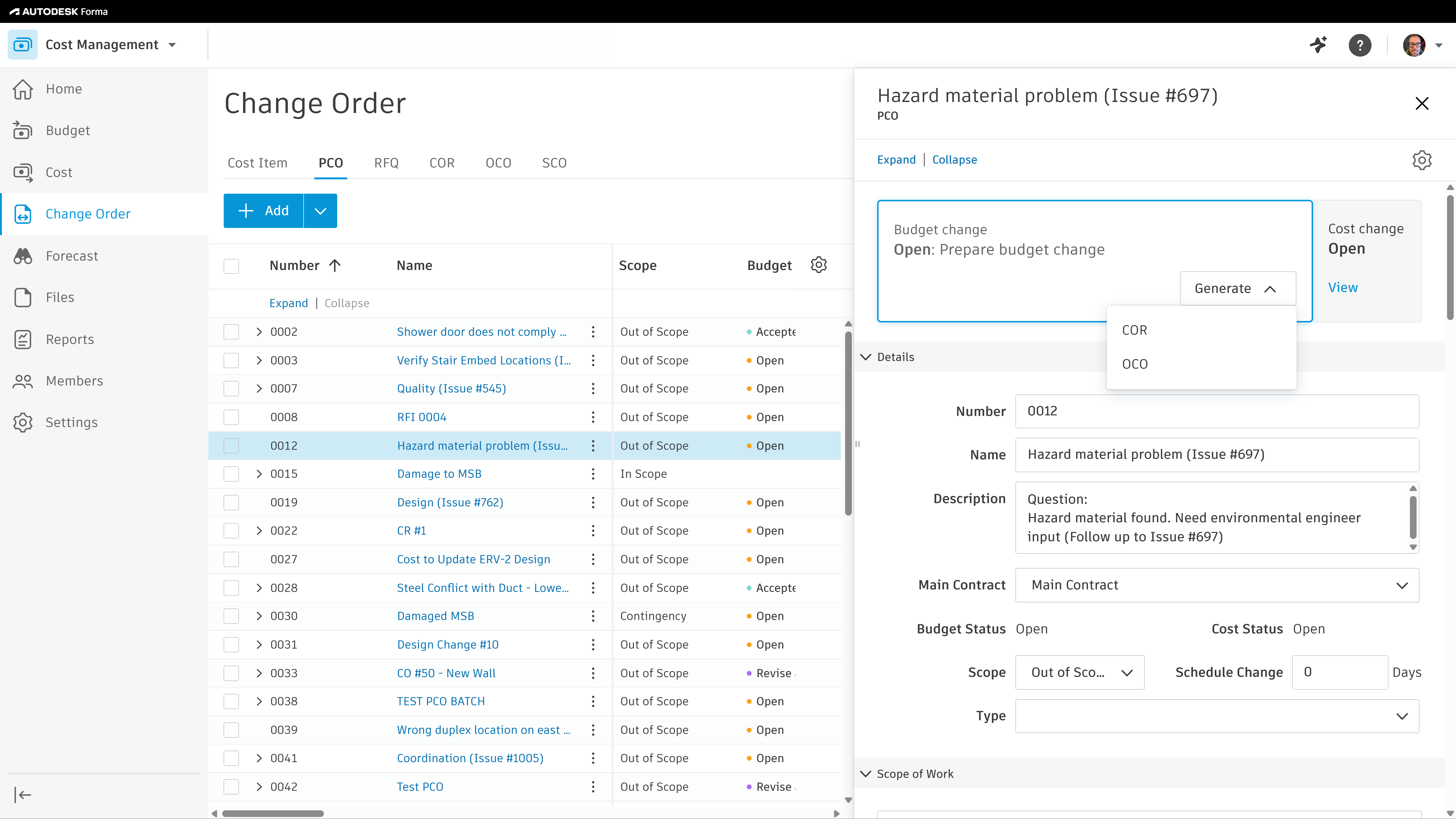 Autodesk Forma screenshot: Autodesk Forma Change Order